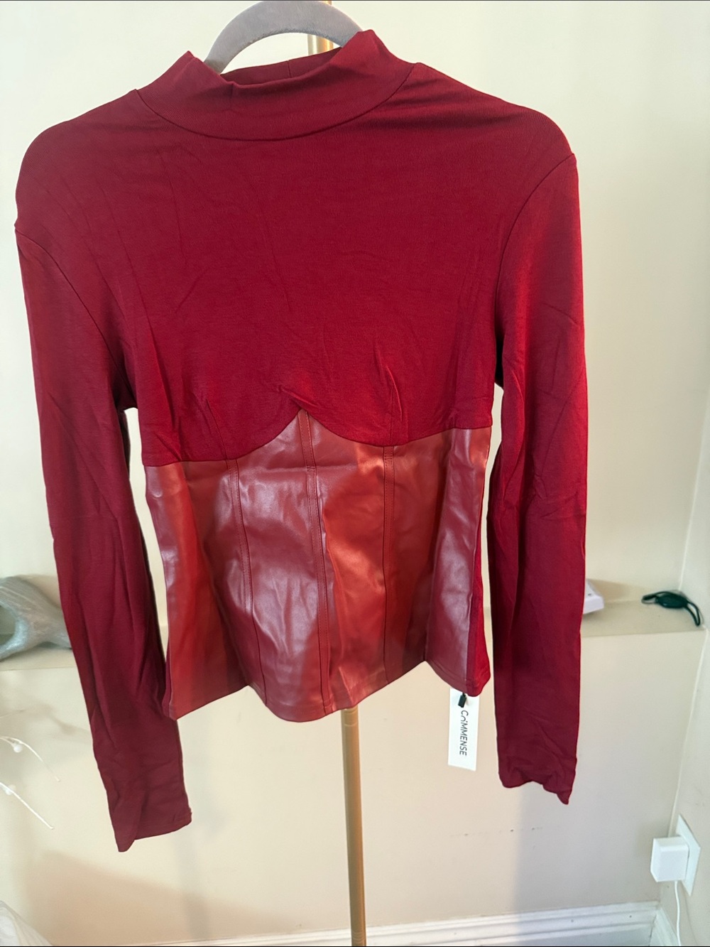 Commense Two-Tone Red Long Sleeve Mock Neck Top with Faux Leather Waist